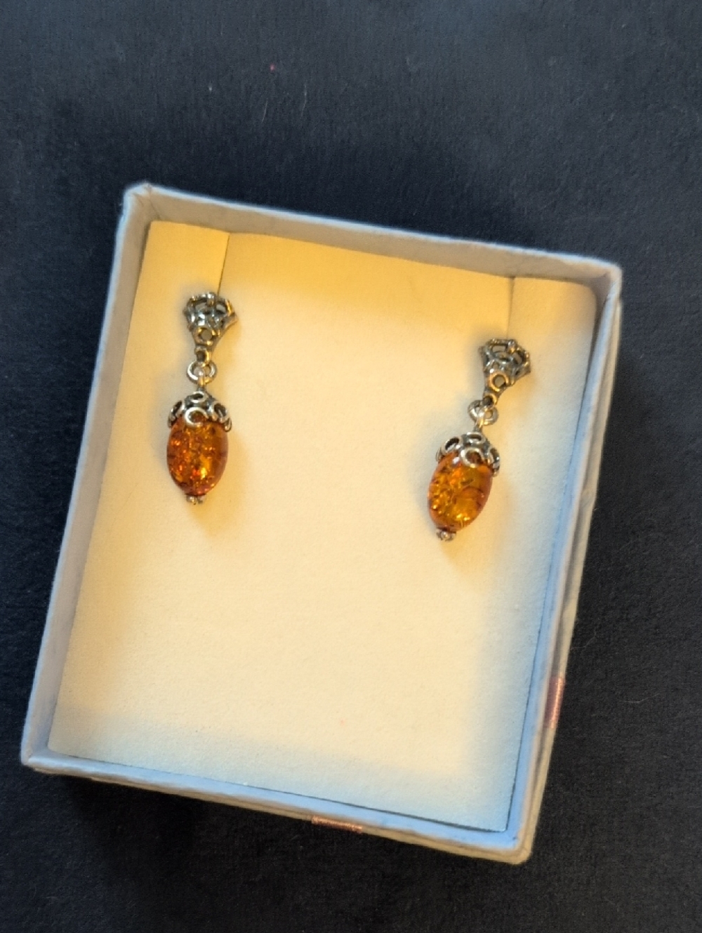 Vintage-Inspired Amber Drop Earrings in Silver  Tone